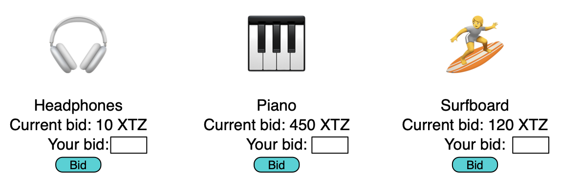 Three items with their current bid and a button to bid higher